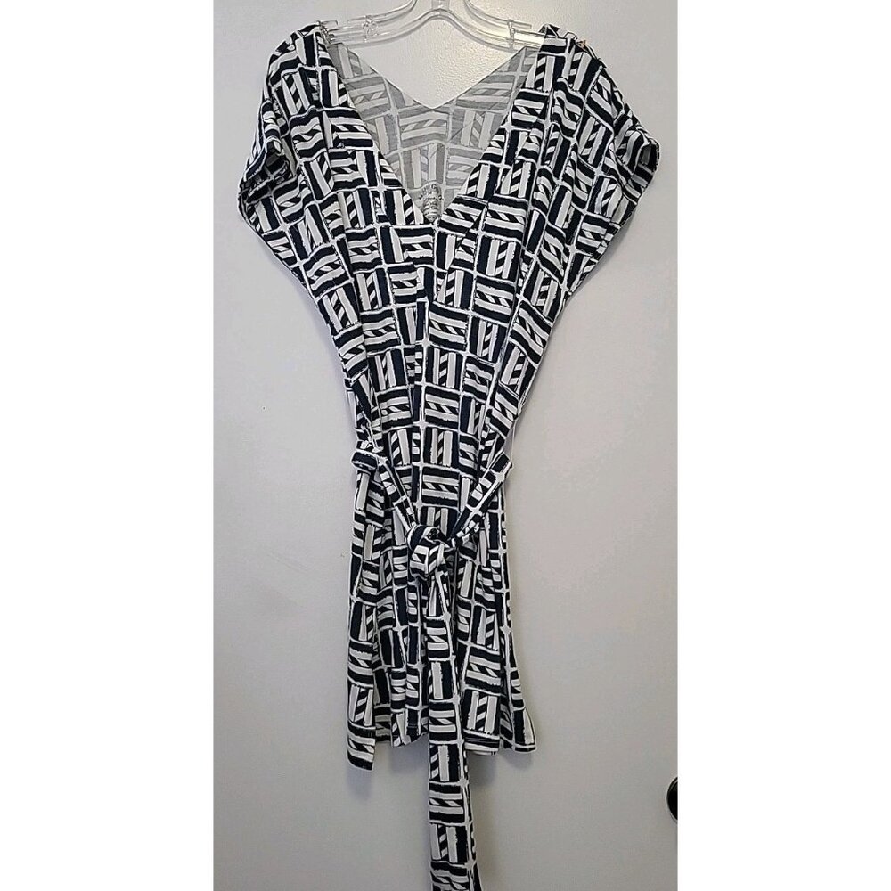 Mahi Gold Supima Cotton Mini Dress Short Sleeve Beachy Belted Blue White Med
